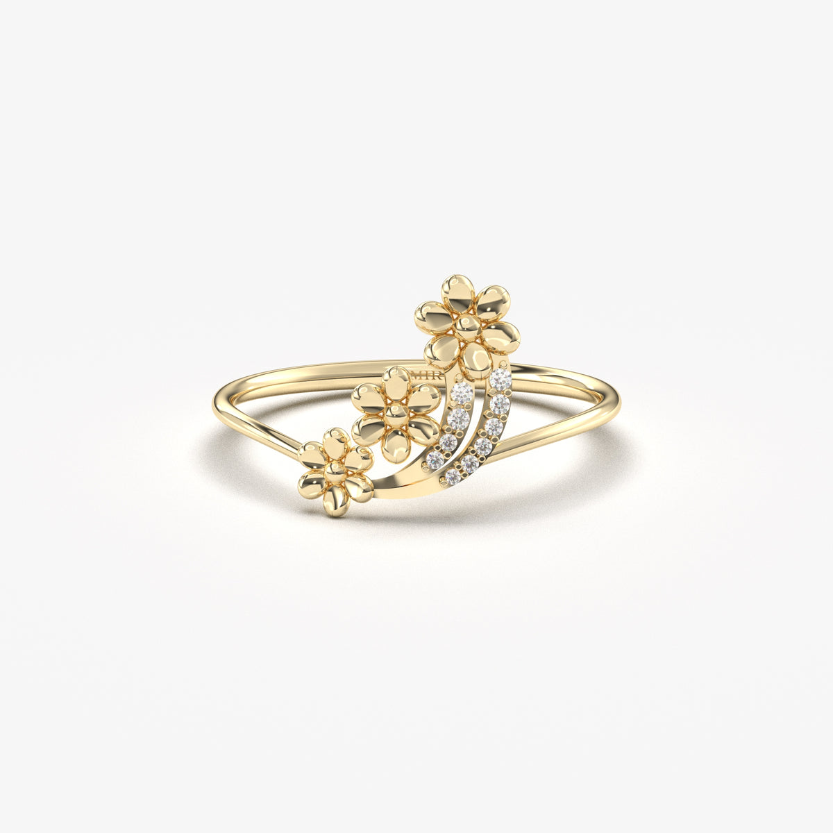 14K yellow gold minimalist flower ring with natural diamonds, front view