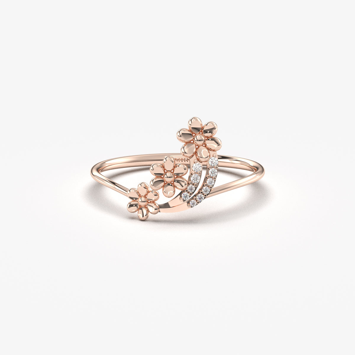 14K rose gold minimalist flower ring with cubic zirconia, front view