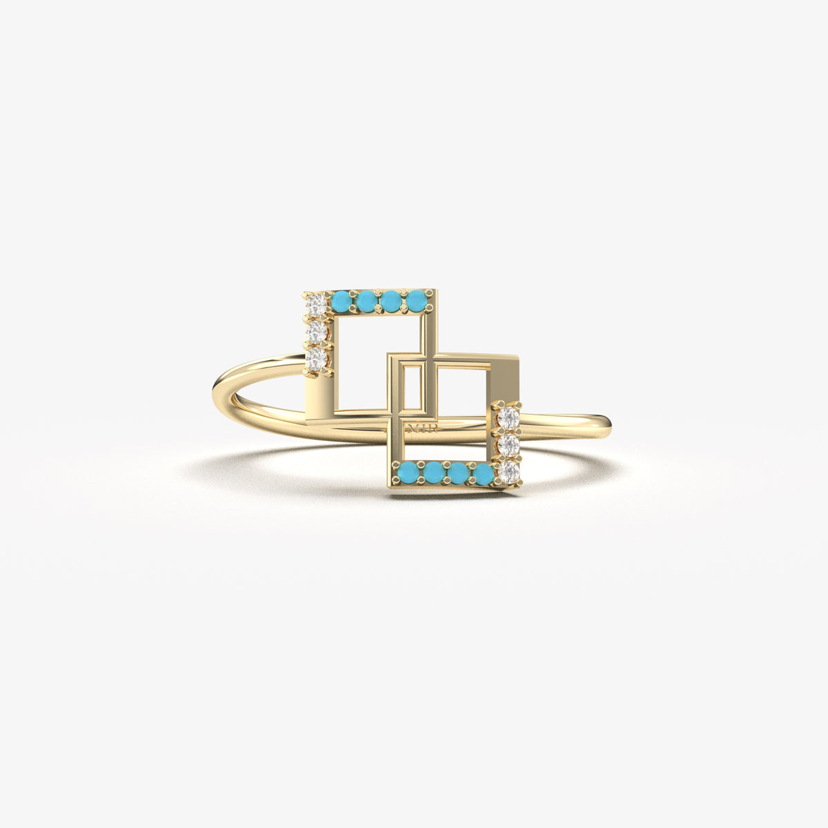 10K yellow gold geometric square ring with turquoise stones and natural diamonds, front view