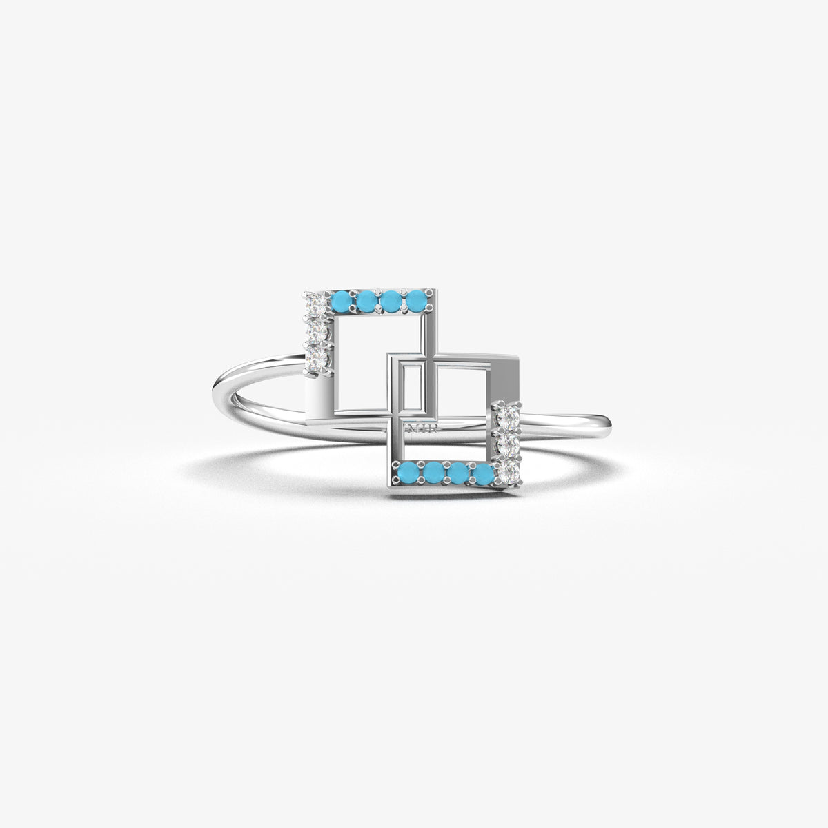 18K white gold geometric square ring with turquoise stones and natural diamonds, front view