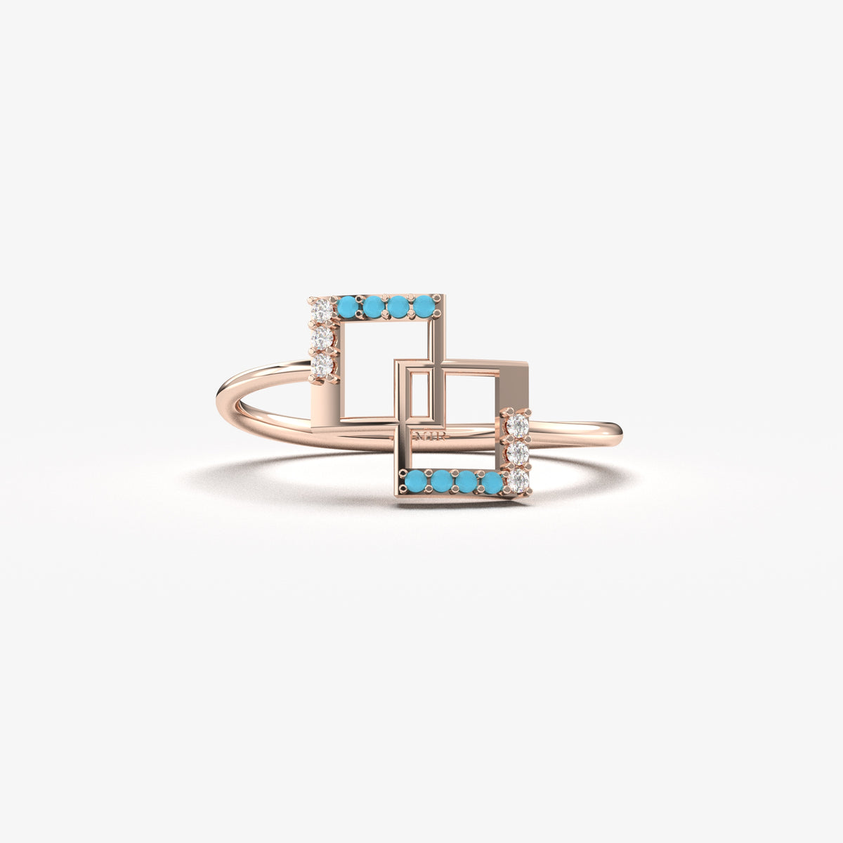 10K rose gold geometric square ring with turquoise stones and natural diamonds, front view
