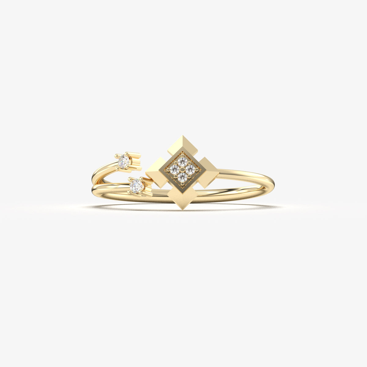 18K yellow gold open geometric ring with cubic zirconia, front view