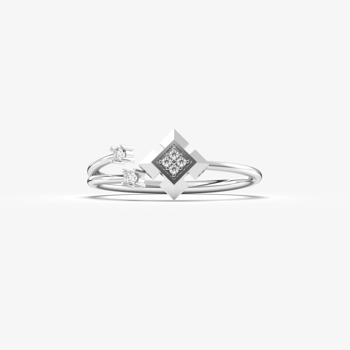 14K white gold open geometric ring with natural diamonds, front view