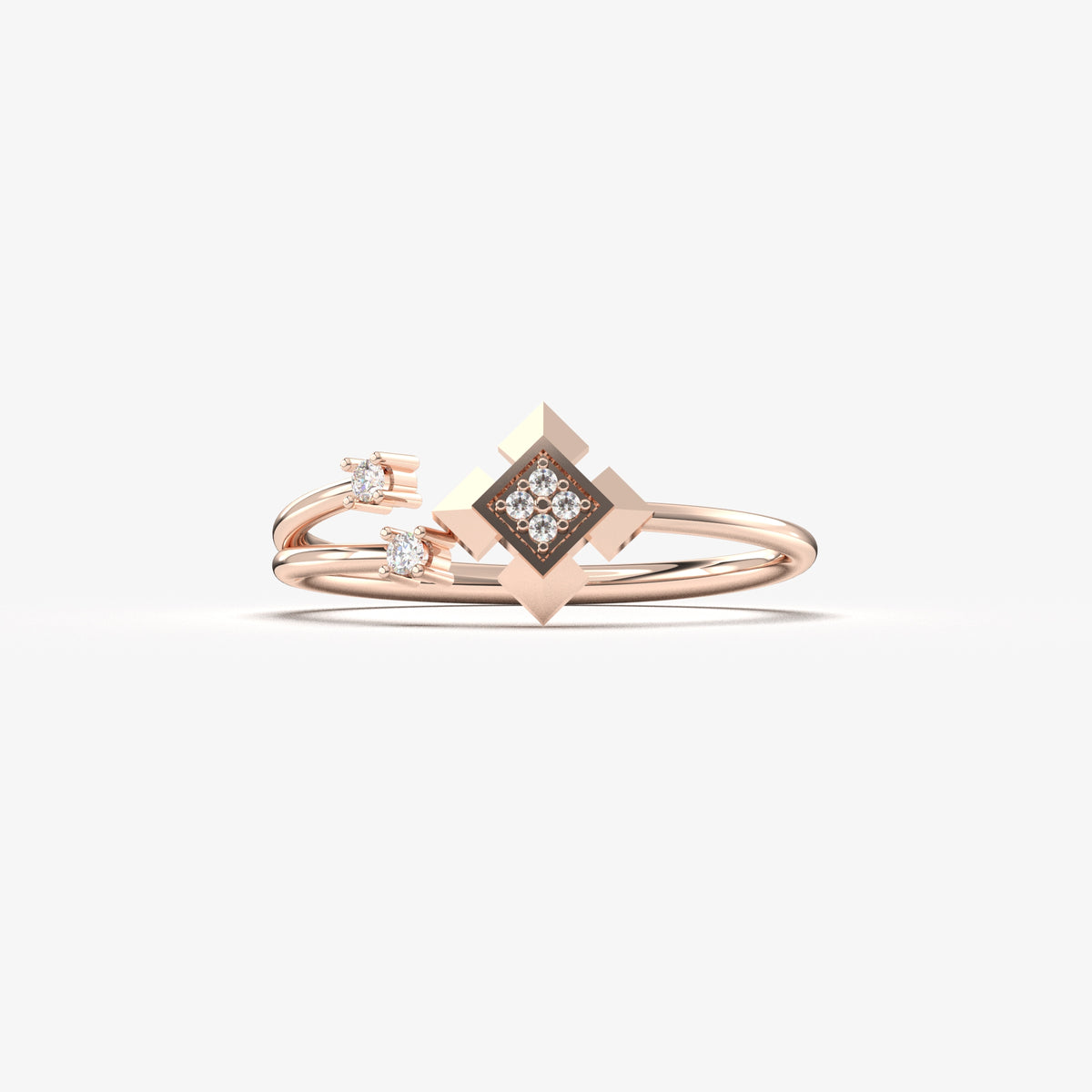 18K rose gold open geometric ring with cubic zirconia, front view