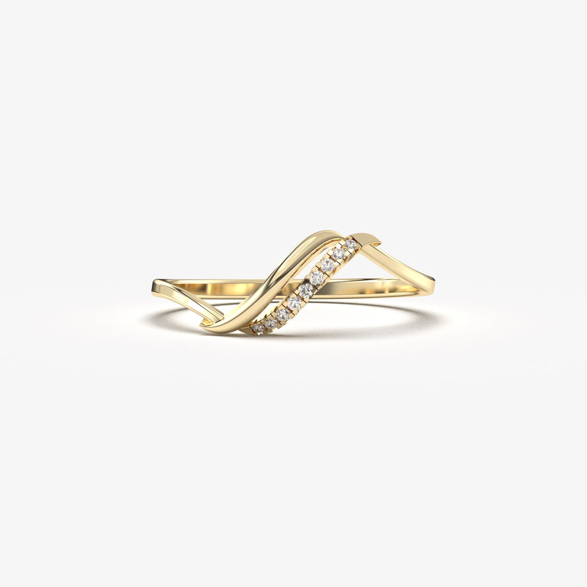 18K yellow gold thin wave ring with natural diamonds, front view