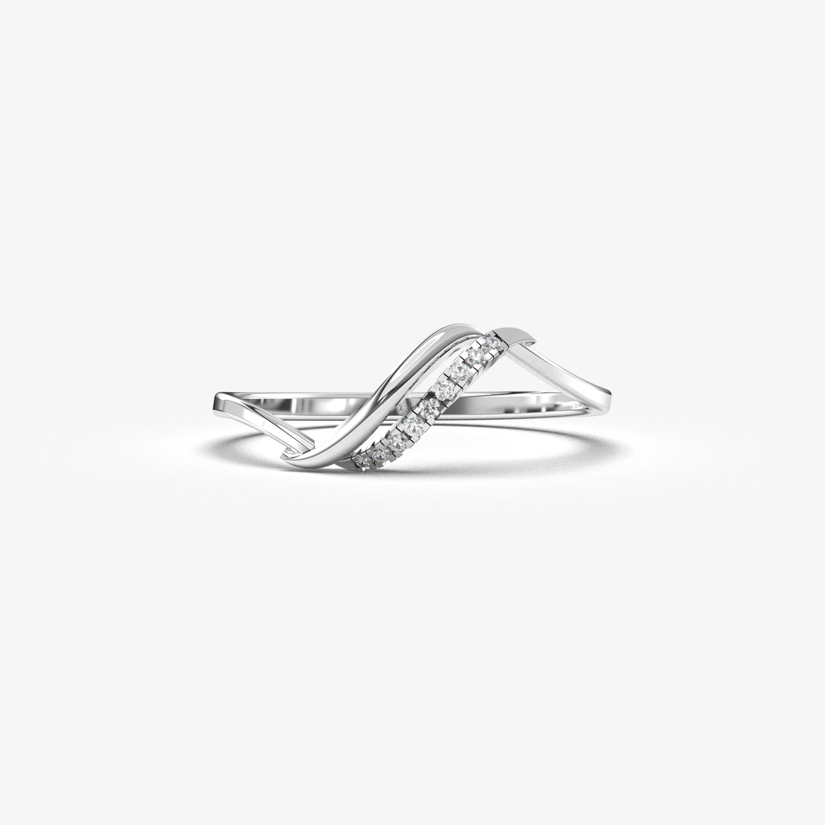 14K white gold thin wave ring with cubic zirconia, front view