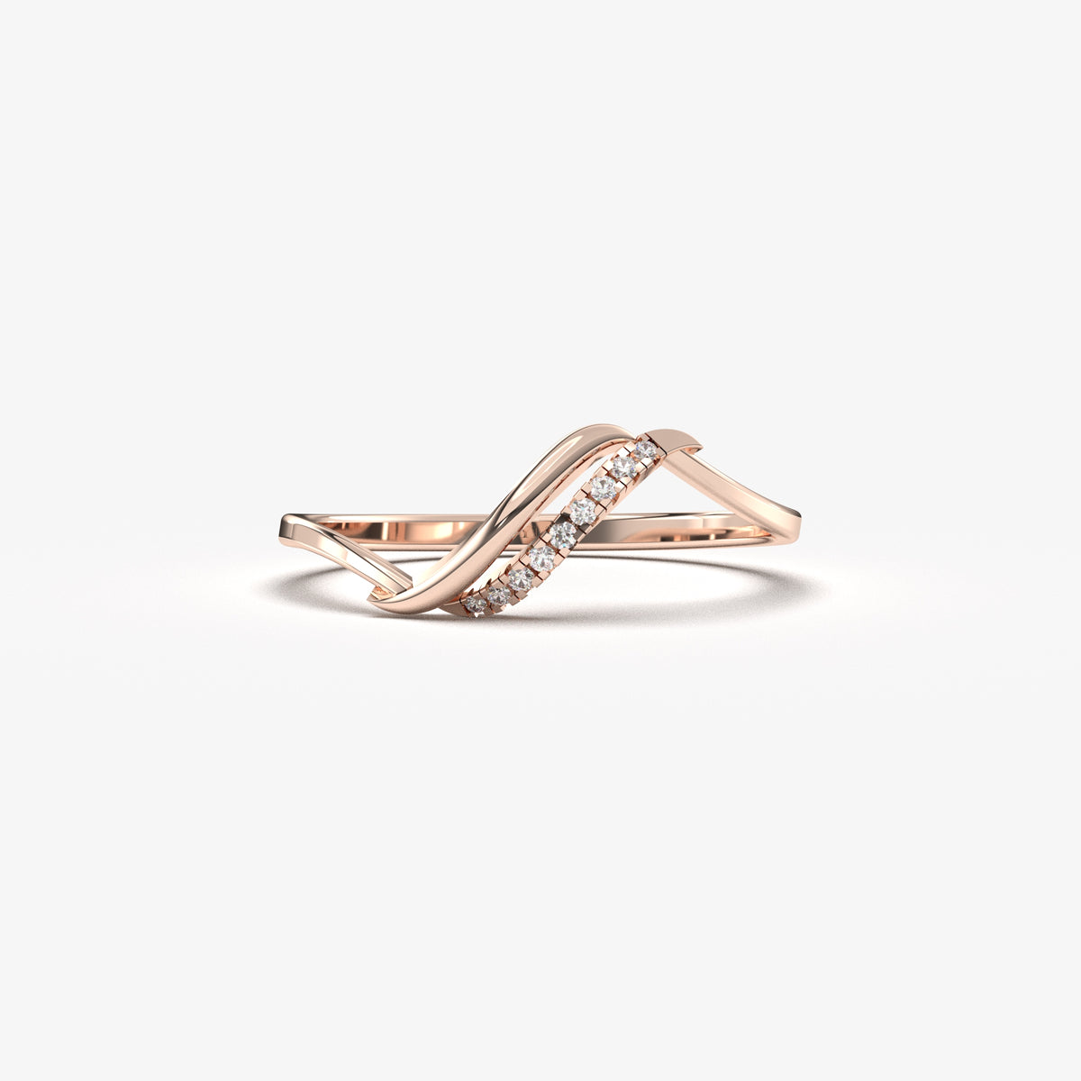 18K rose gold thin wave ring with natural diamonds, front view
