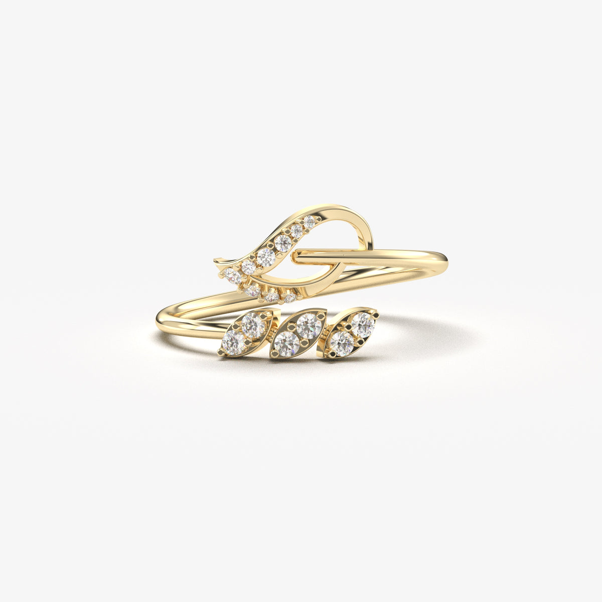 14K yellow gold leaf ivy ring with natural diamonds, front view