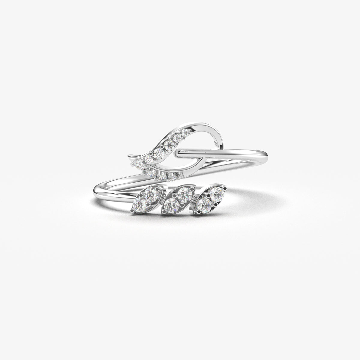 14K white gold leaf ivy ring with cubic zirconia, front view