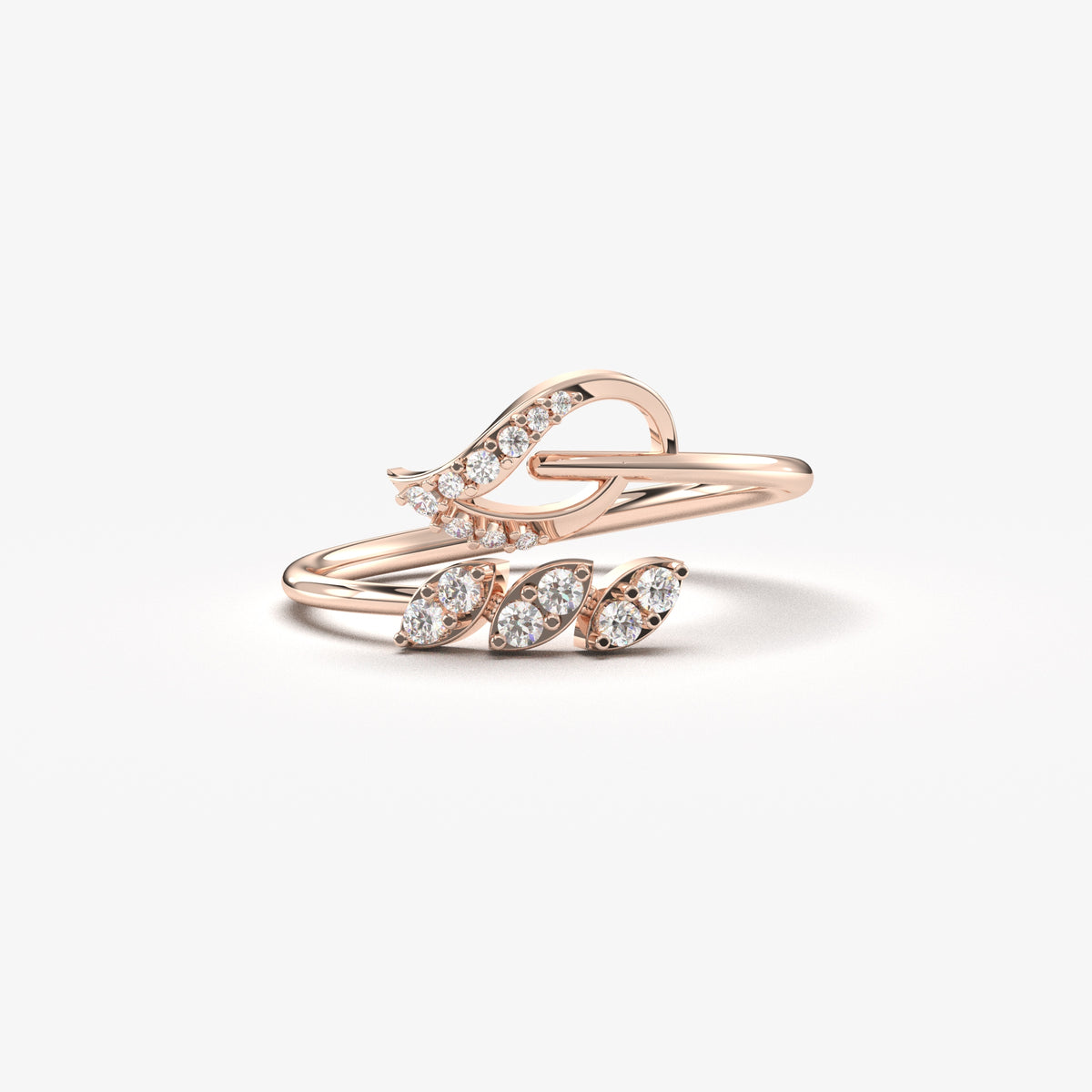 18K rose gold leaf ivy ring with natural diamonds, front view