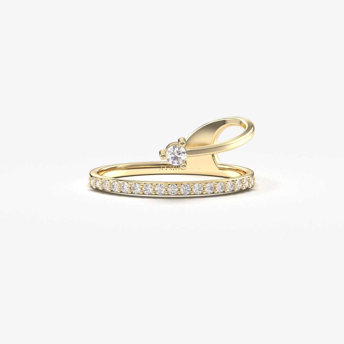 14K yellow gold pave swirl ring with cubic zirconia, front view
