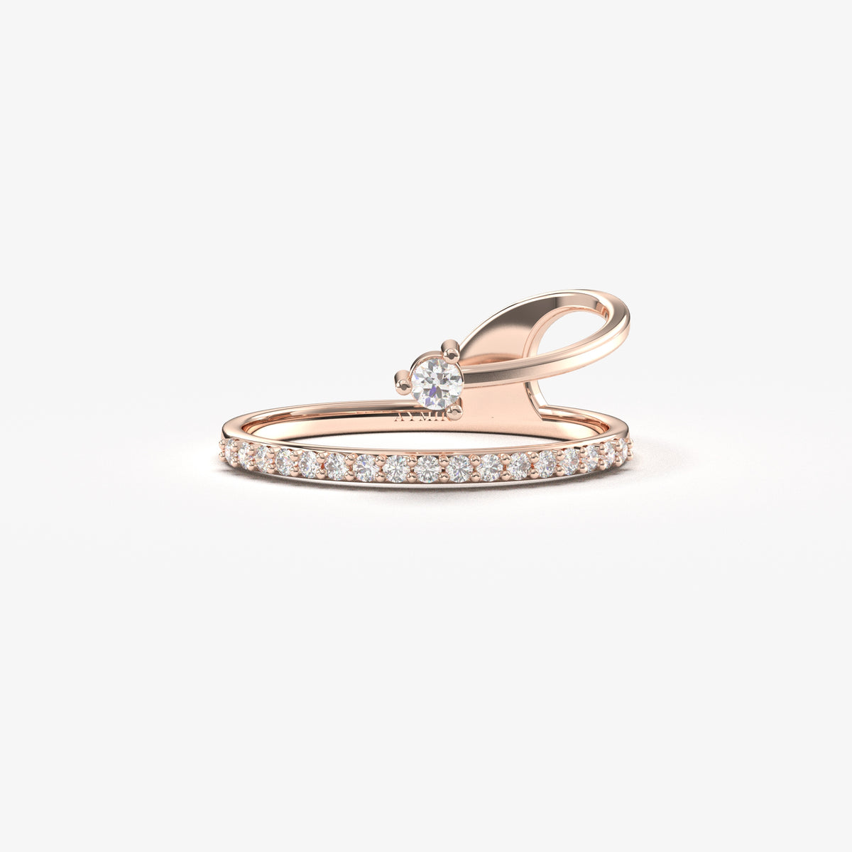 14K rose gold pave swirl ring with cubic zirconia, front view