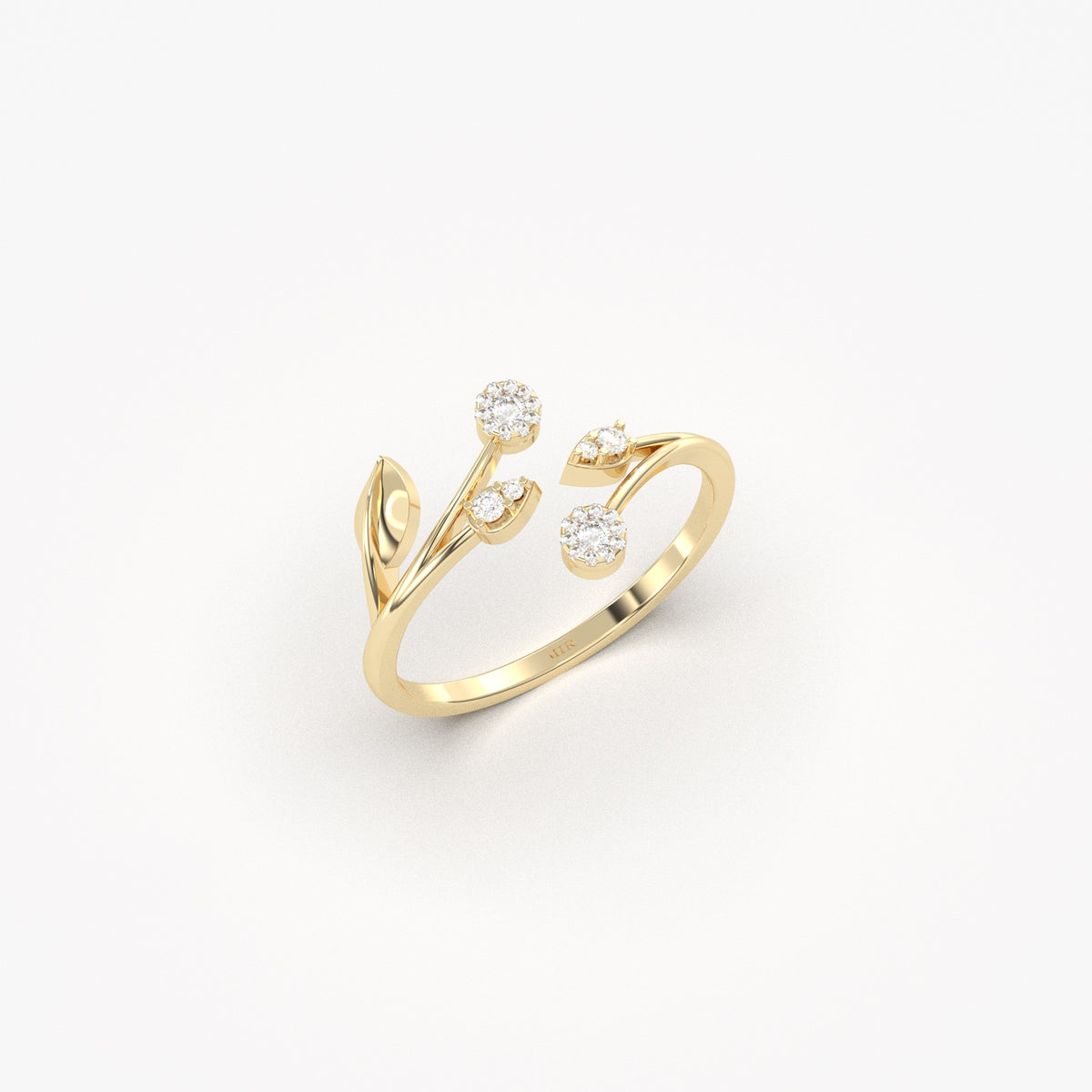 18K yellow gold open ivy vine ring with cubic zirconia, angled view