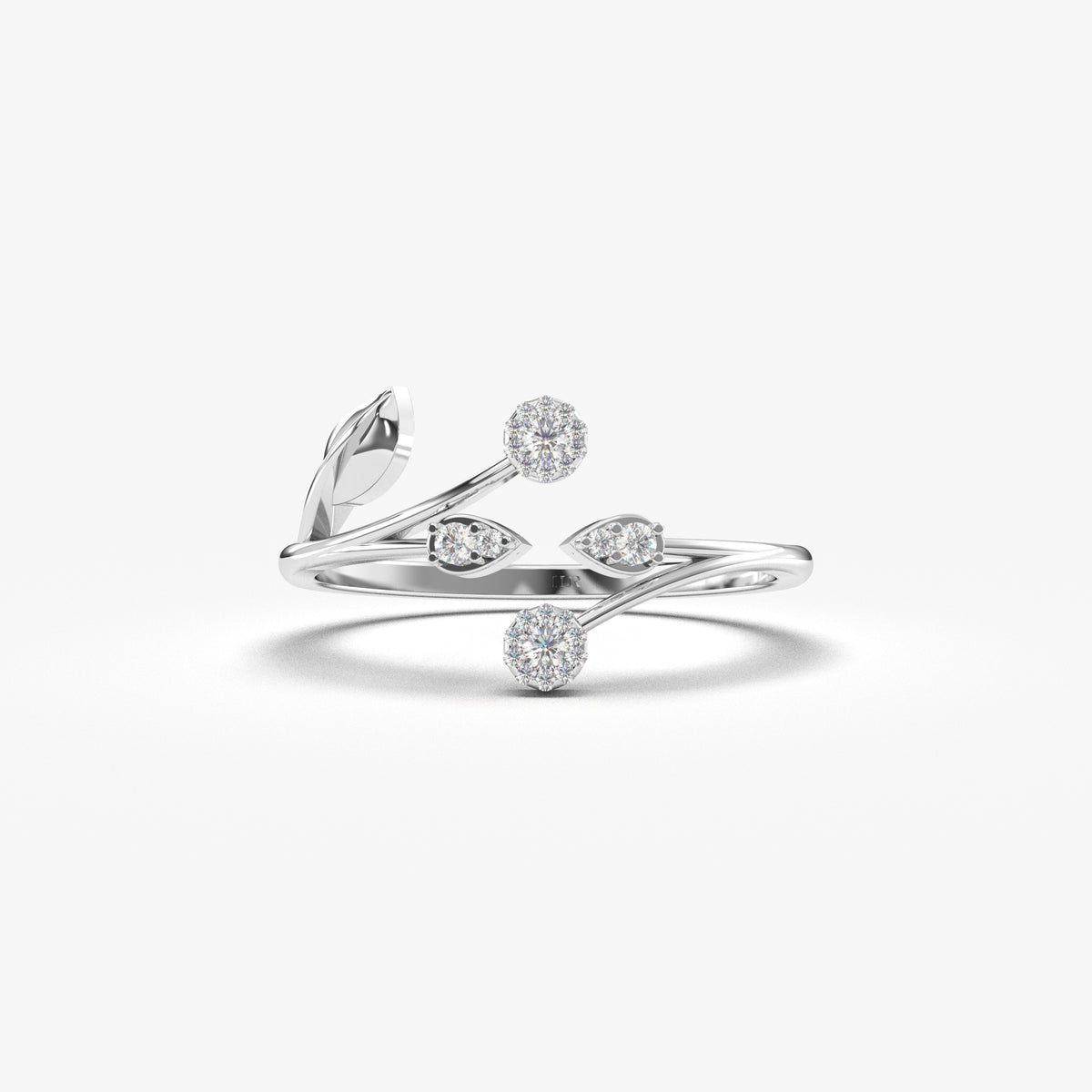 18K white gold open ivy vine ring with natural diamonds, front view