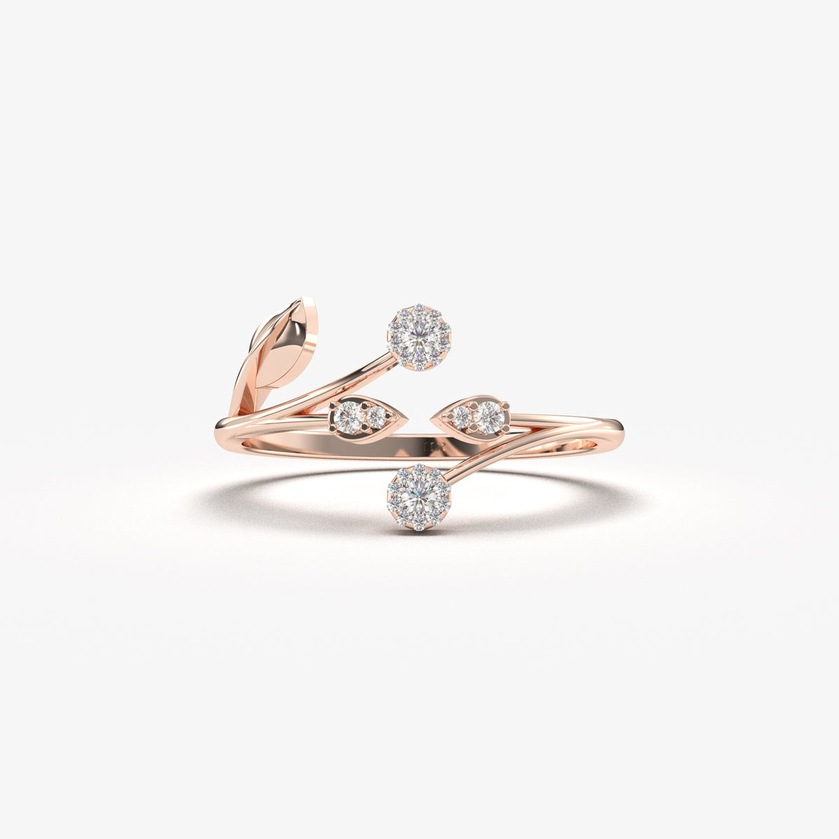 14K rose gold open ivy vine ring with natural diamonds, front view