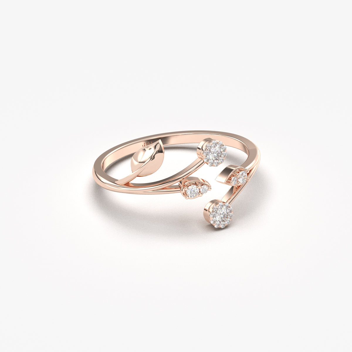 14K rose gold open ivy vine ring with natural diamonds, angled view