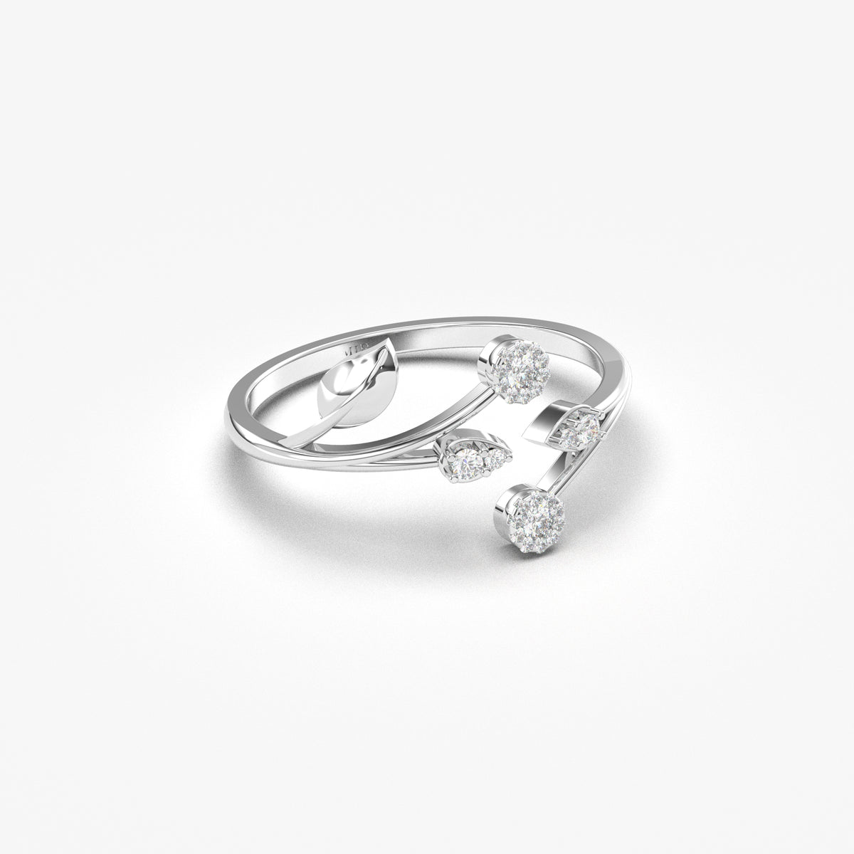 14K white gold open ivy vine ring with natural diamonds, angled view