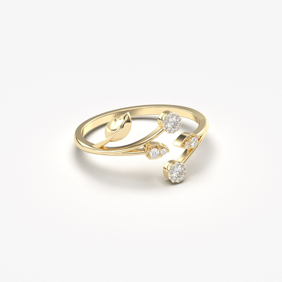 14K yellow gold open ivy vine ring with cubic zirconia, side view