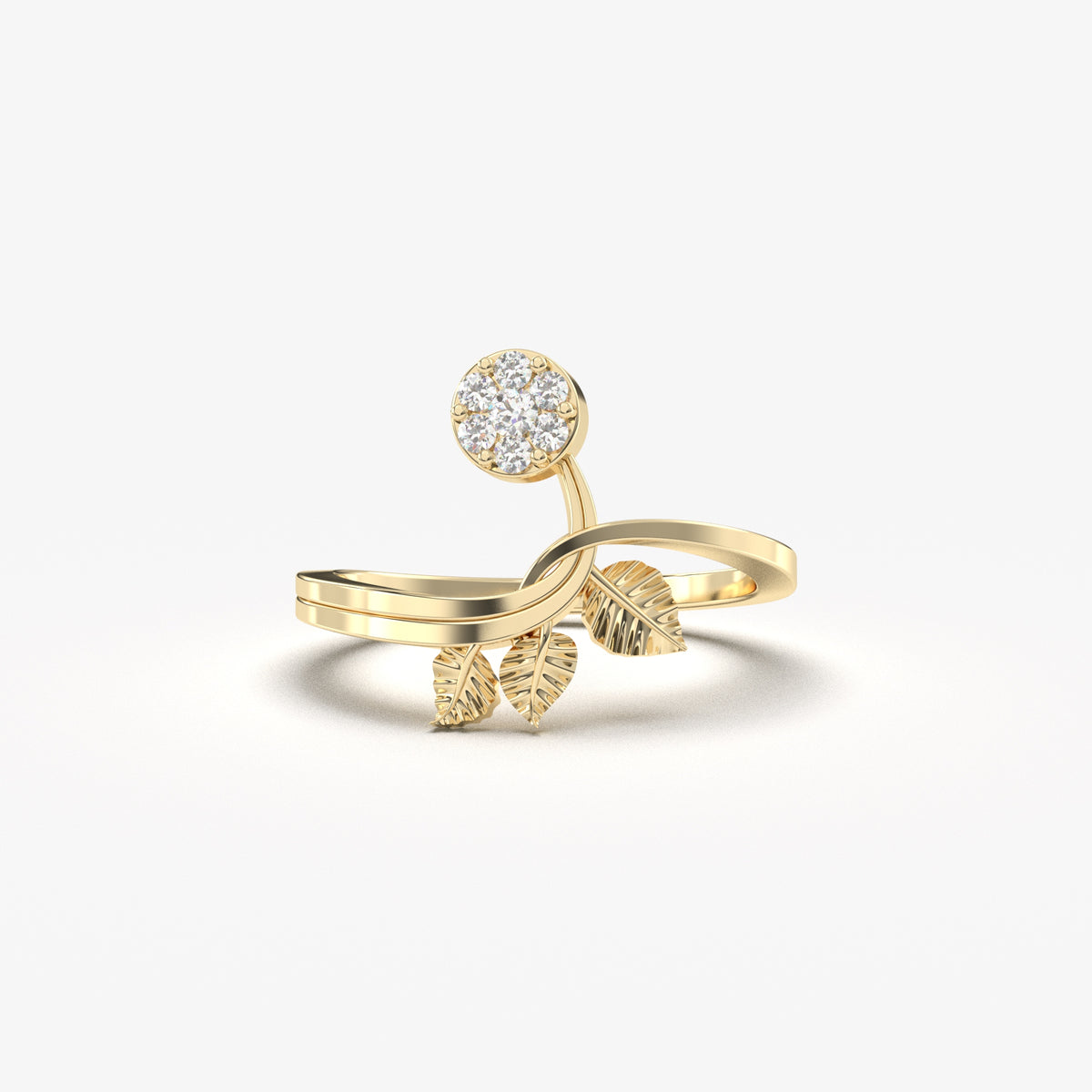 18K yellow gold cluster leaf ring with cubic zirconia, front view