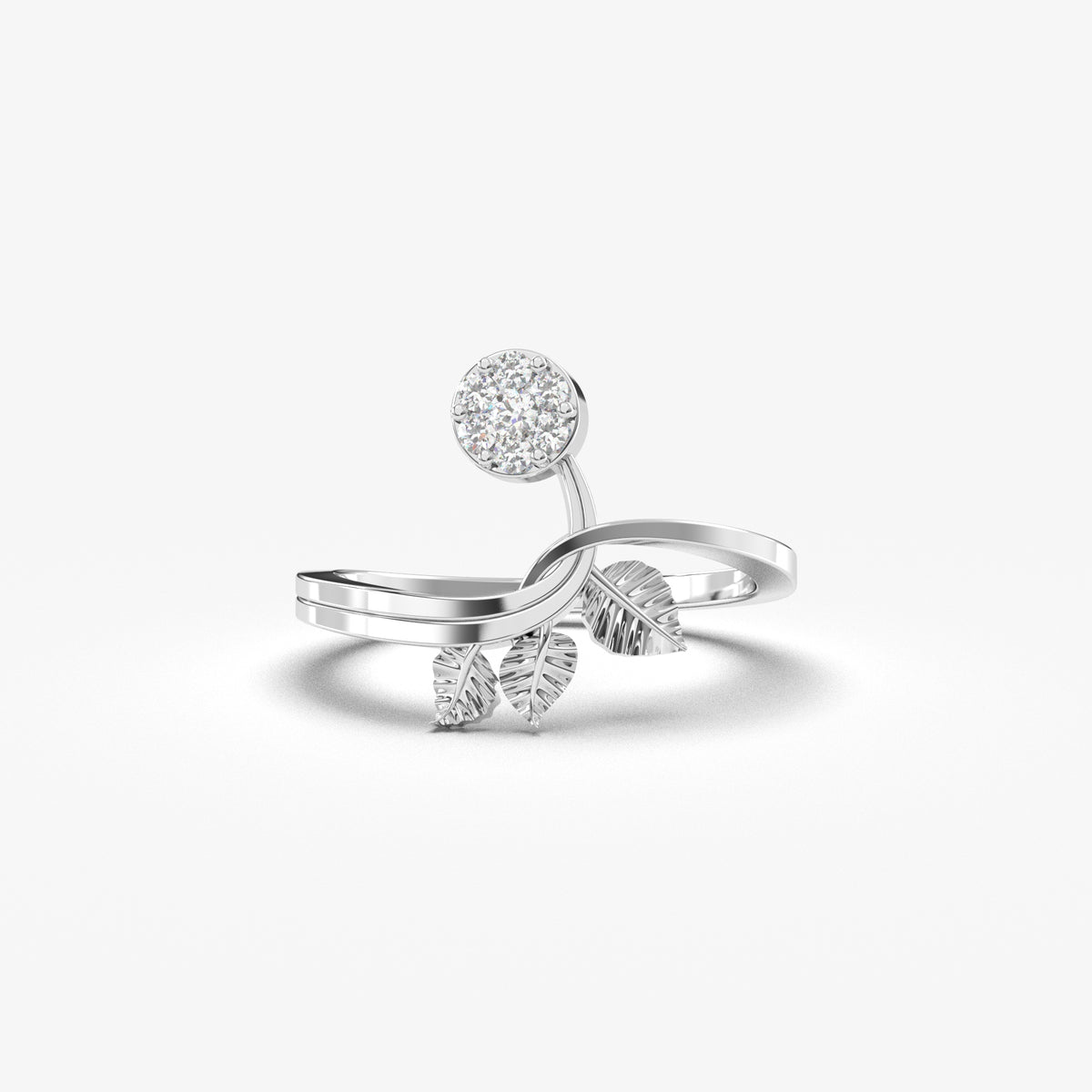 14K white gold cluster leaf ring with natural diamonds, front view