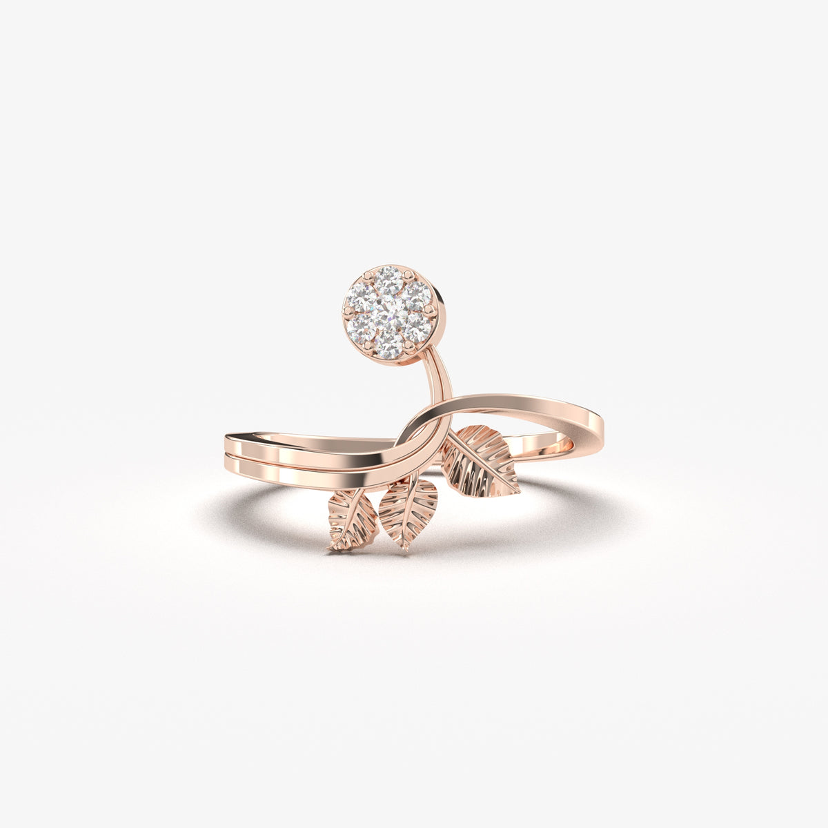 14K rose gold cluster leaf ring with cubic zirconia, front view
