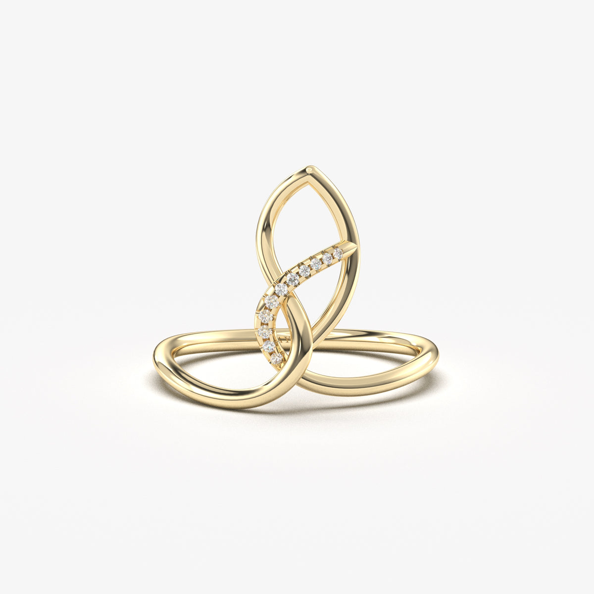 18K yellow gold spiral loop ring with natural diamonds, front view