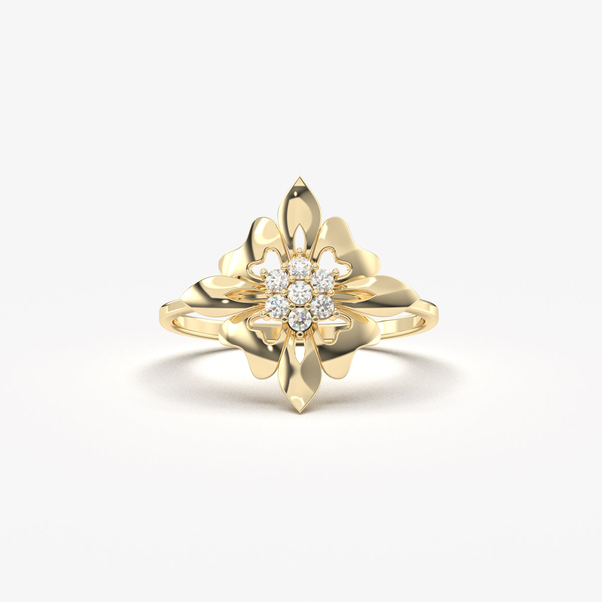 18K yellow gold Art Deco flower ring with natural diamond cluster, front view