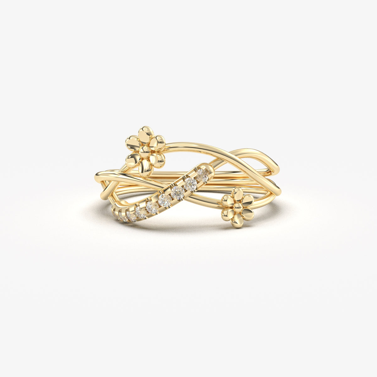 10K yellow gold intertwined flower ring with natural diamonds, front view