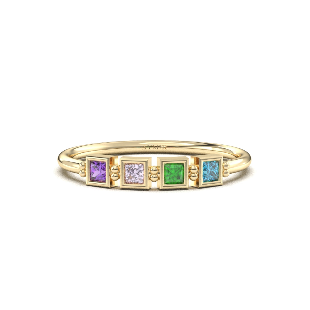 10K yellow gold 4 stone birthstone family ring with cubic zirconia, front view