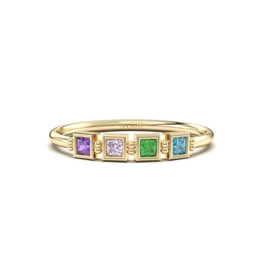 14K yellow gold 4 stone birthstone family ring with cubic zirconia, front view