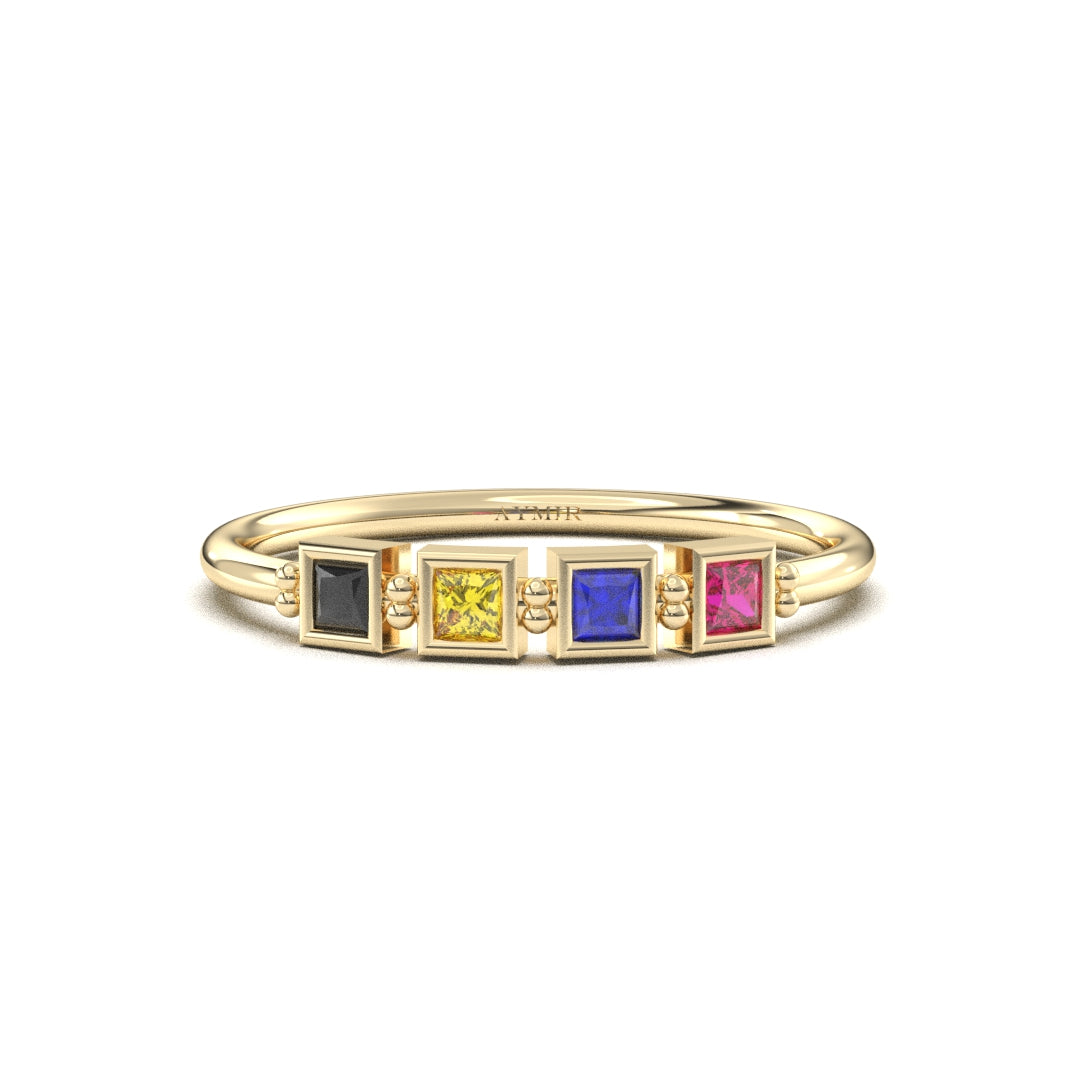 10K yellow gold 4 stone birthstone family ring with cubic zirconia, front view