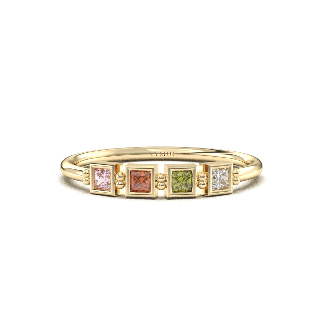 14K yellow gold 4 stone birthstone family ring with cubic zirconia, front view