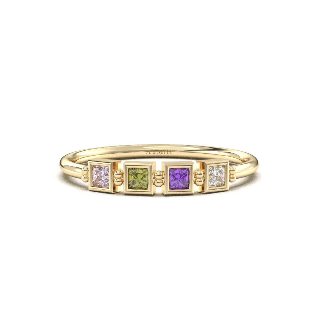 14K yellow gold 4 stone birthstone family ring with cubic zirconia, front view
