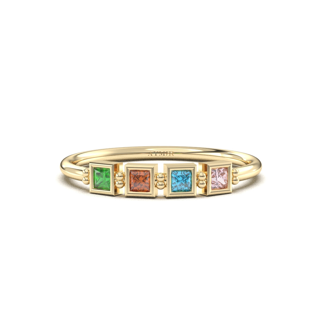 14K yellow gold 4 stone birthstone family ring with cubic zirconia, front view