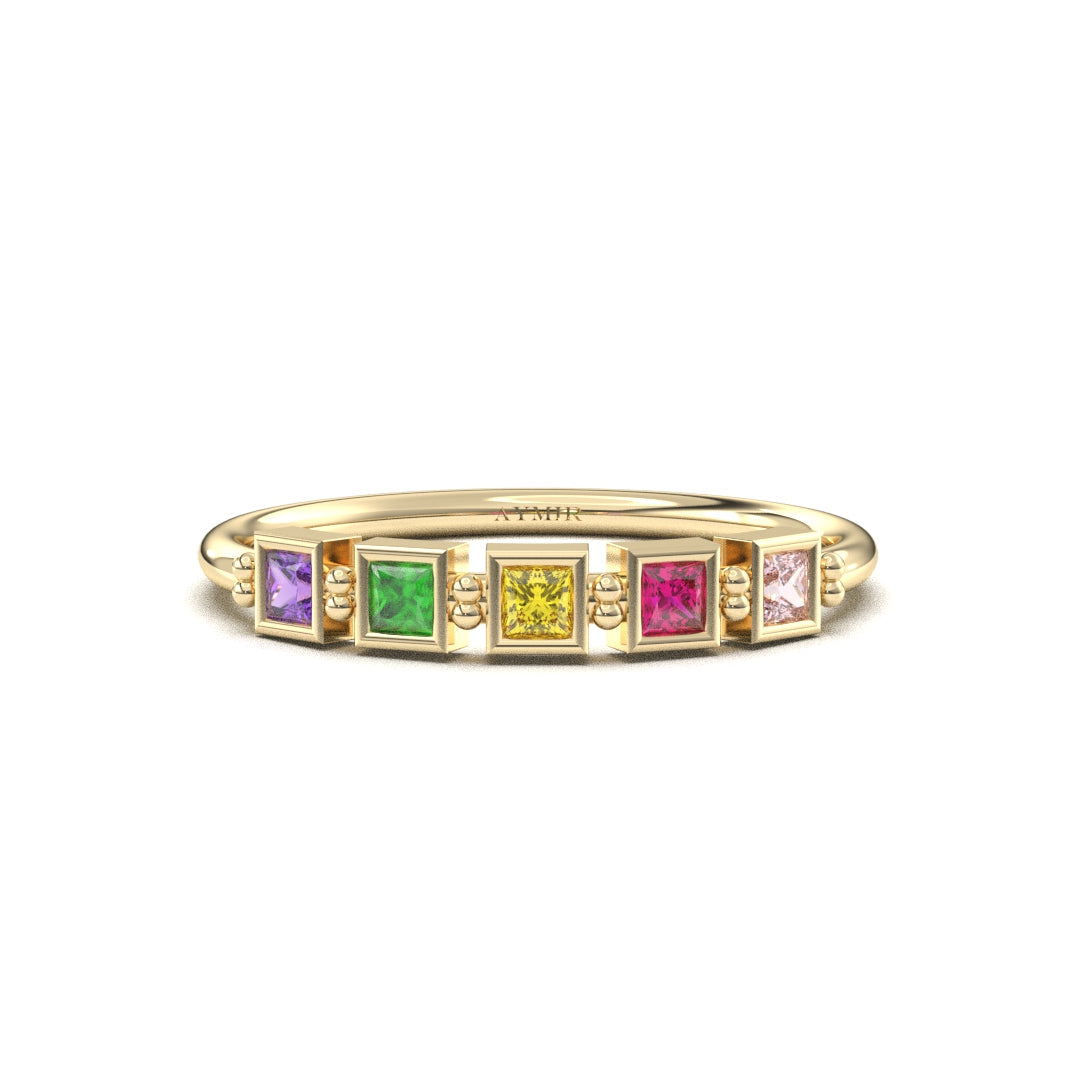 18K yellow gold 5 stone birthstone family ring with cubic zirconia, front view