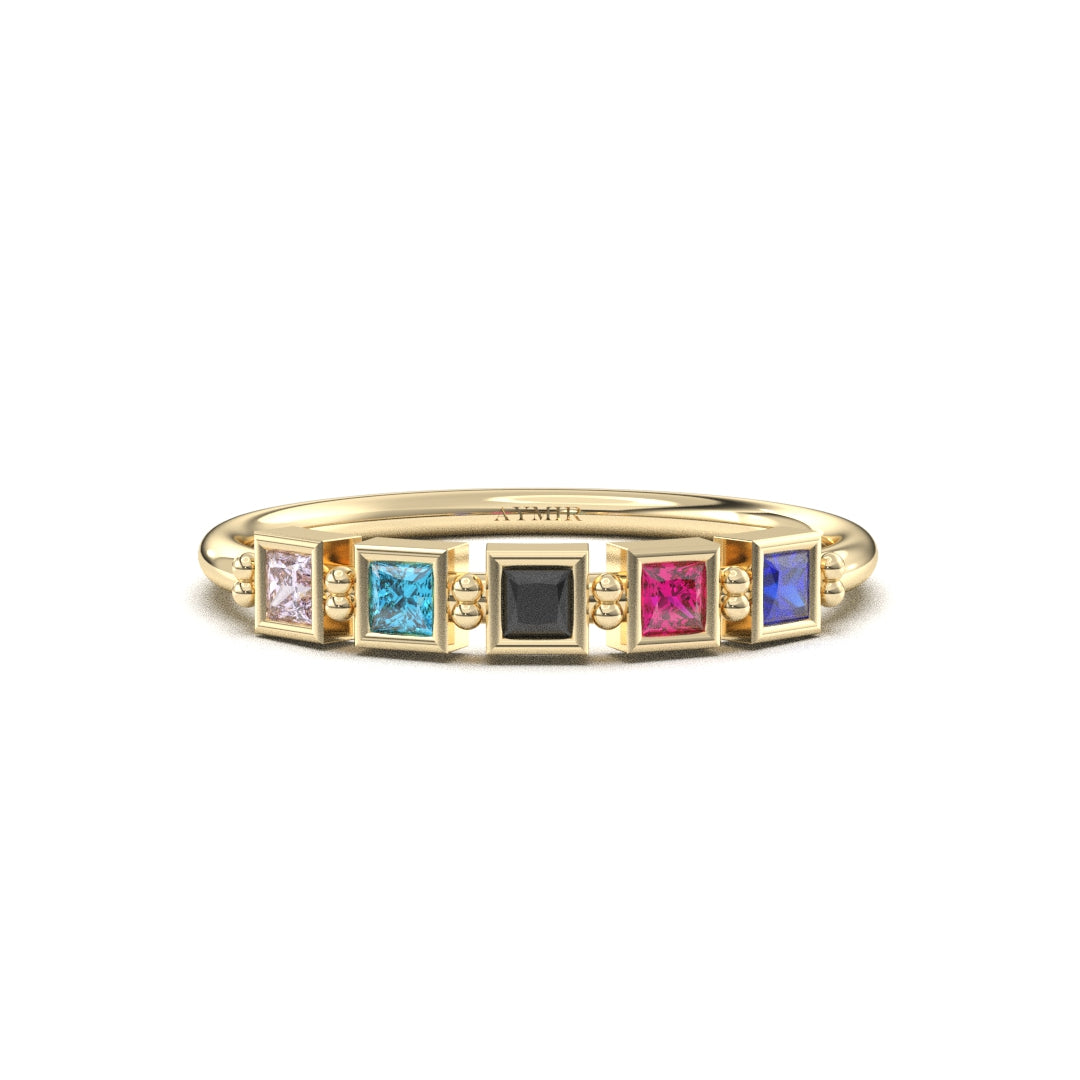 18K yellow gold 5 stone birthstone family ring with cubic zirconia, front view