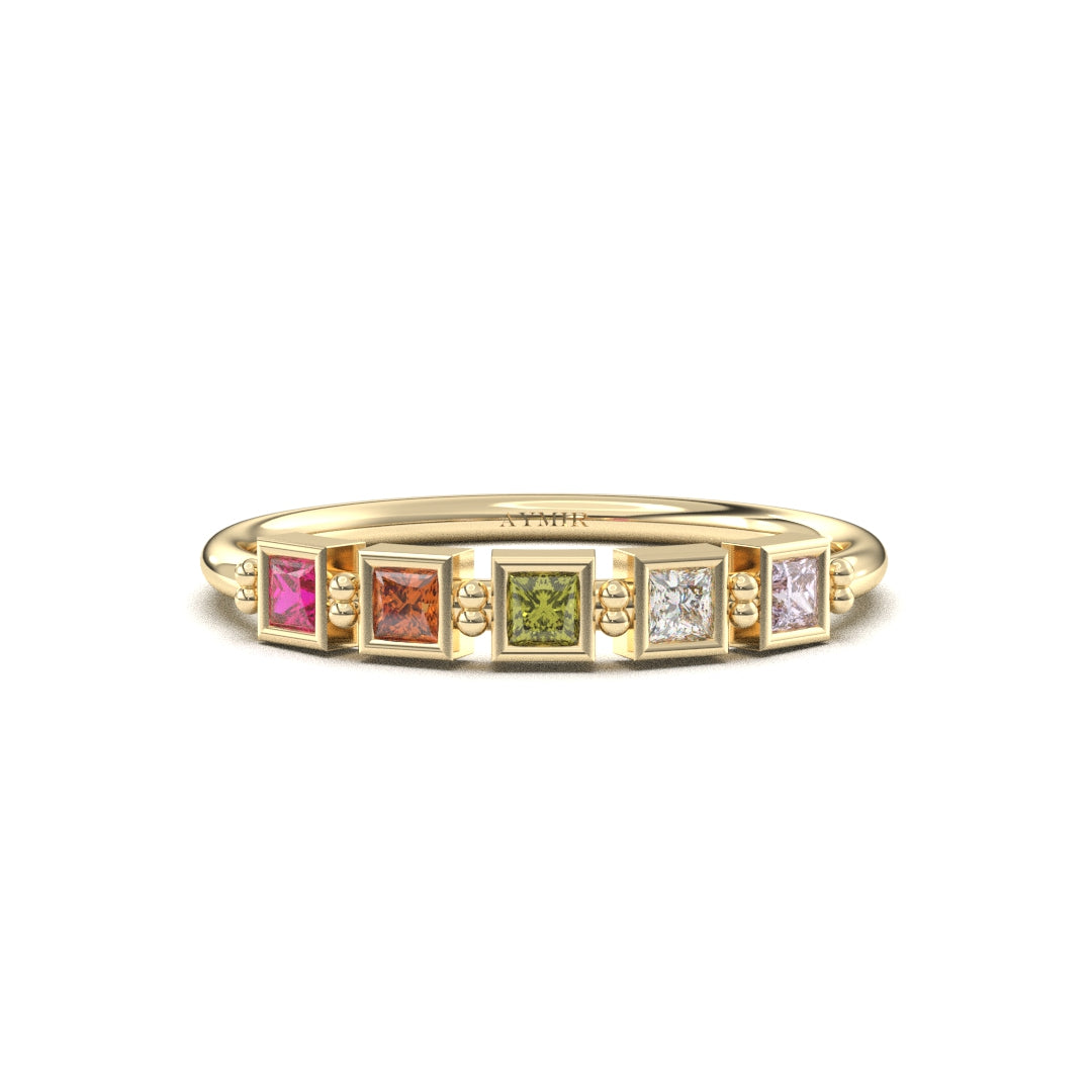 18K yellow gold 5 stone birthstone family ring with cubic zirconia, front view