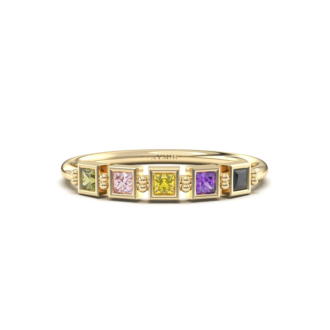 18K yellow gold 5 stone birthstone family ring with cubic zirconia, front view