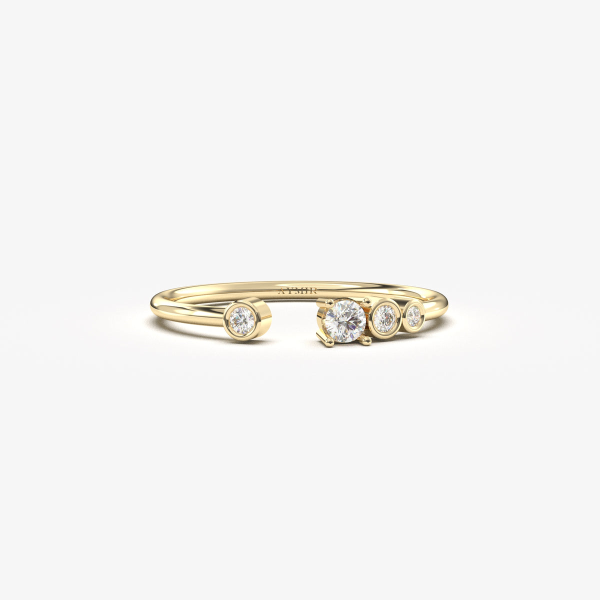 18K yellow gold open four stone bezel ring with natural diamonds, front view