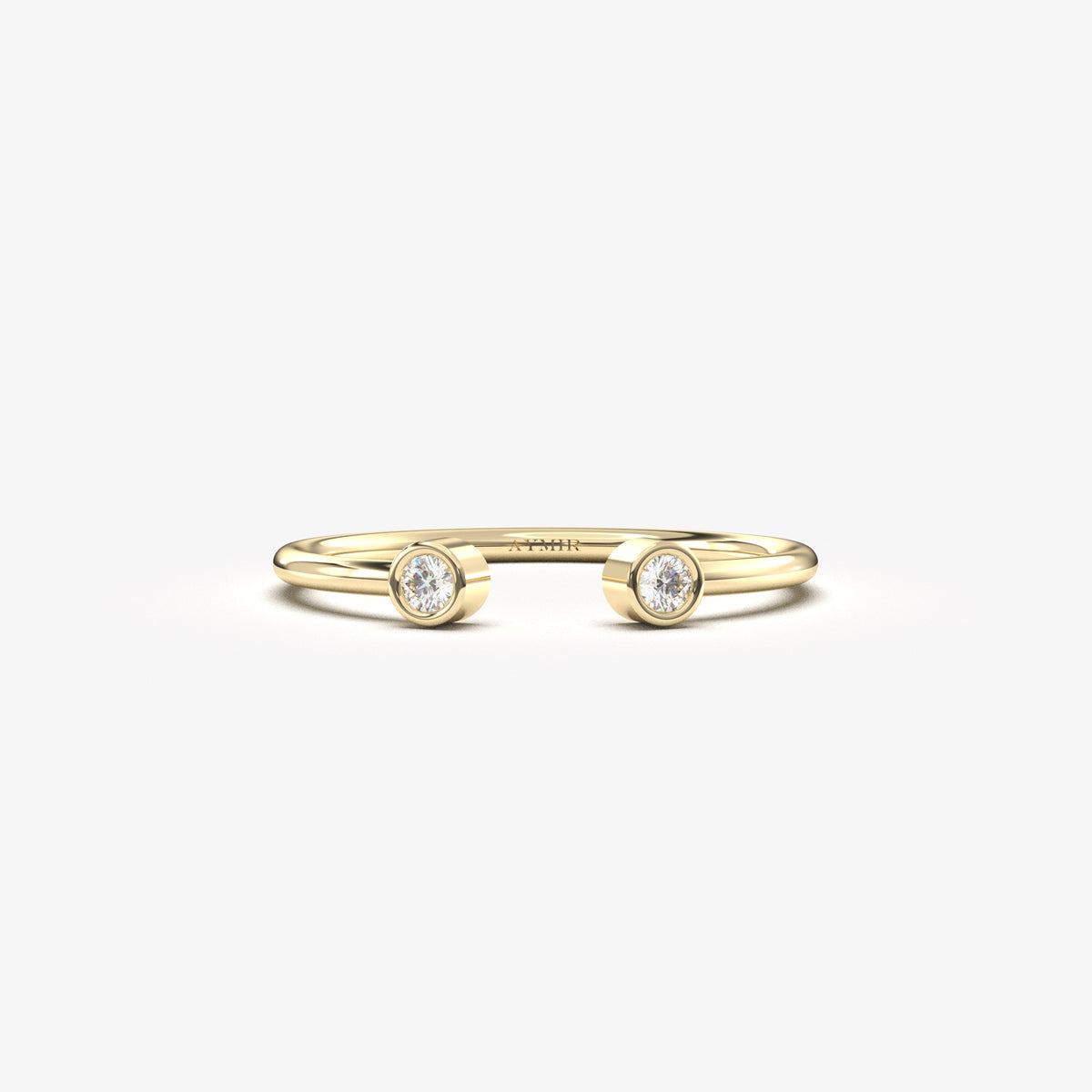 18K yellow gold open two stone bezel ring with cubic zirconia, front view