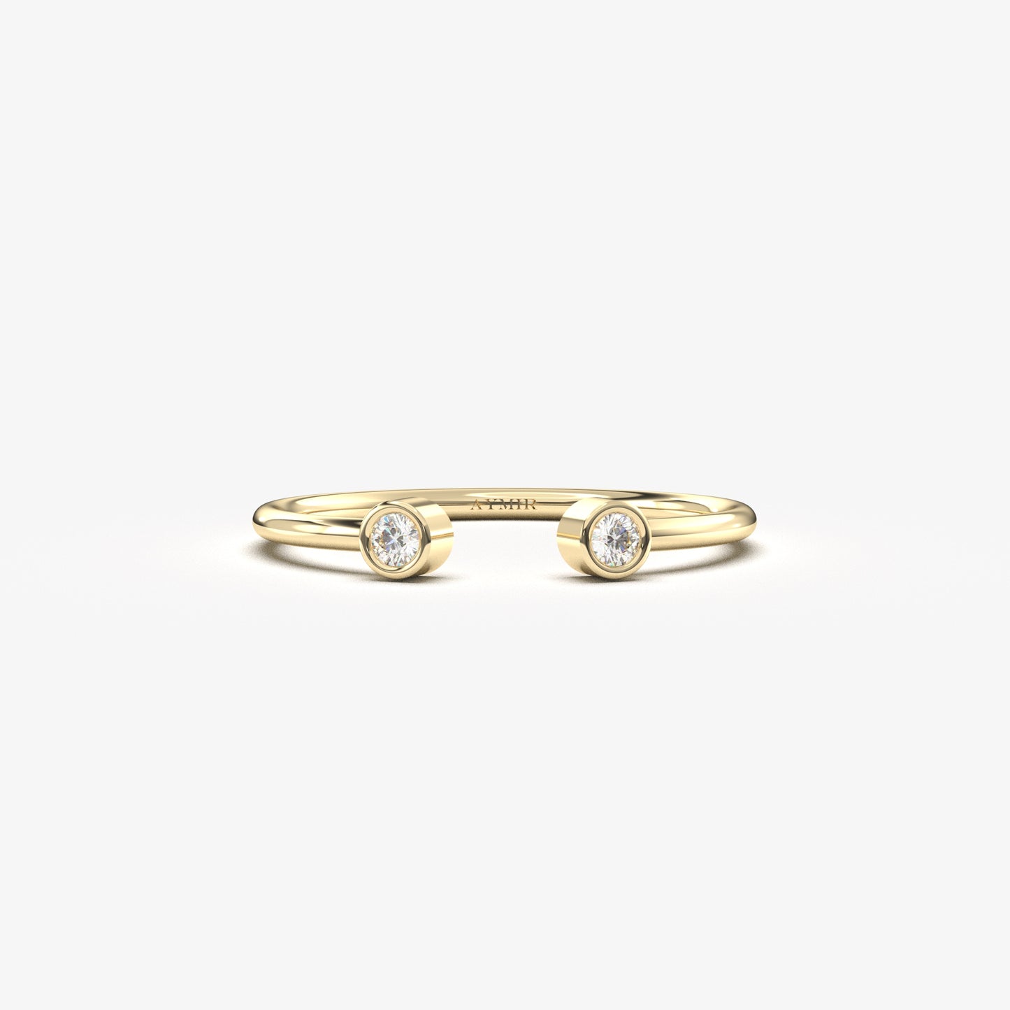 18K yellow gold open two stone bezel ring with natural diamonds, front view