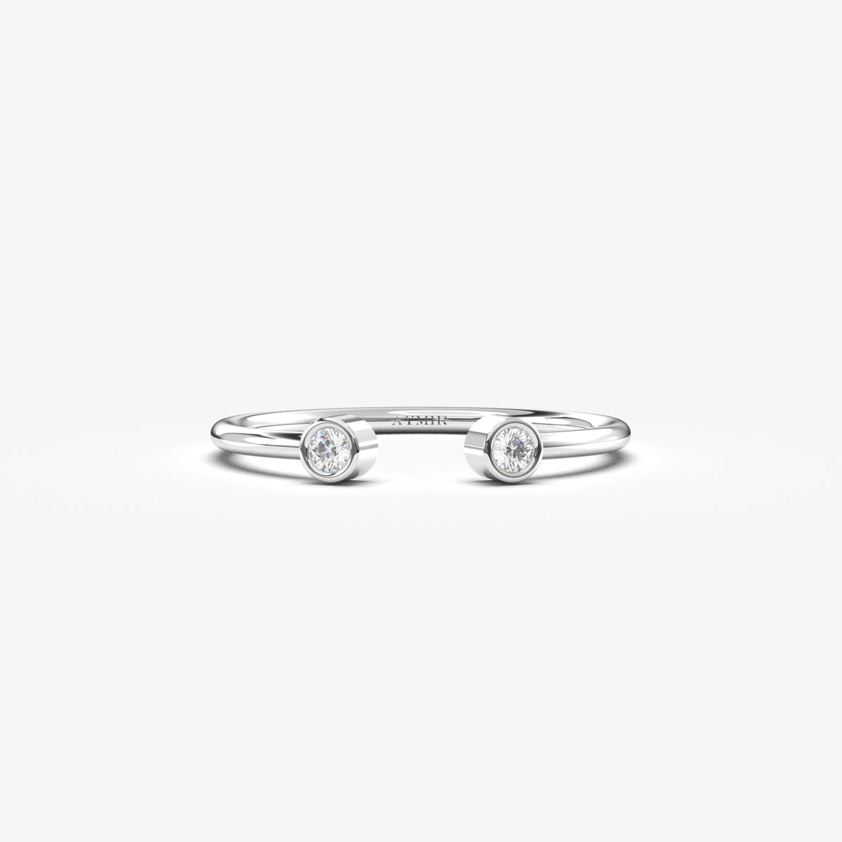 14K white gold open two stone bezel ring with natural diamonds, front view