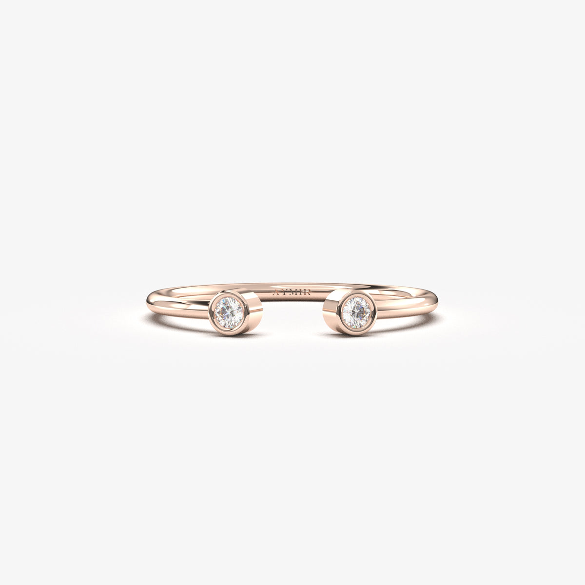 14K rose gold open two stone bezel ring with natural diamonds, front view