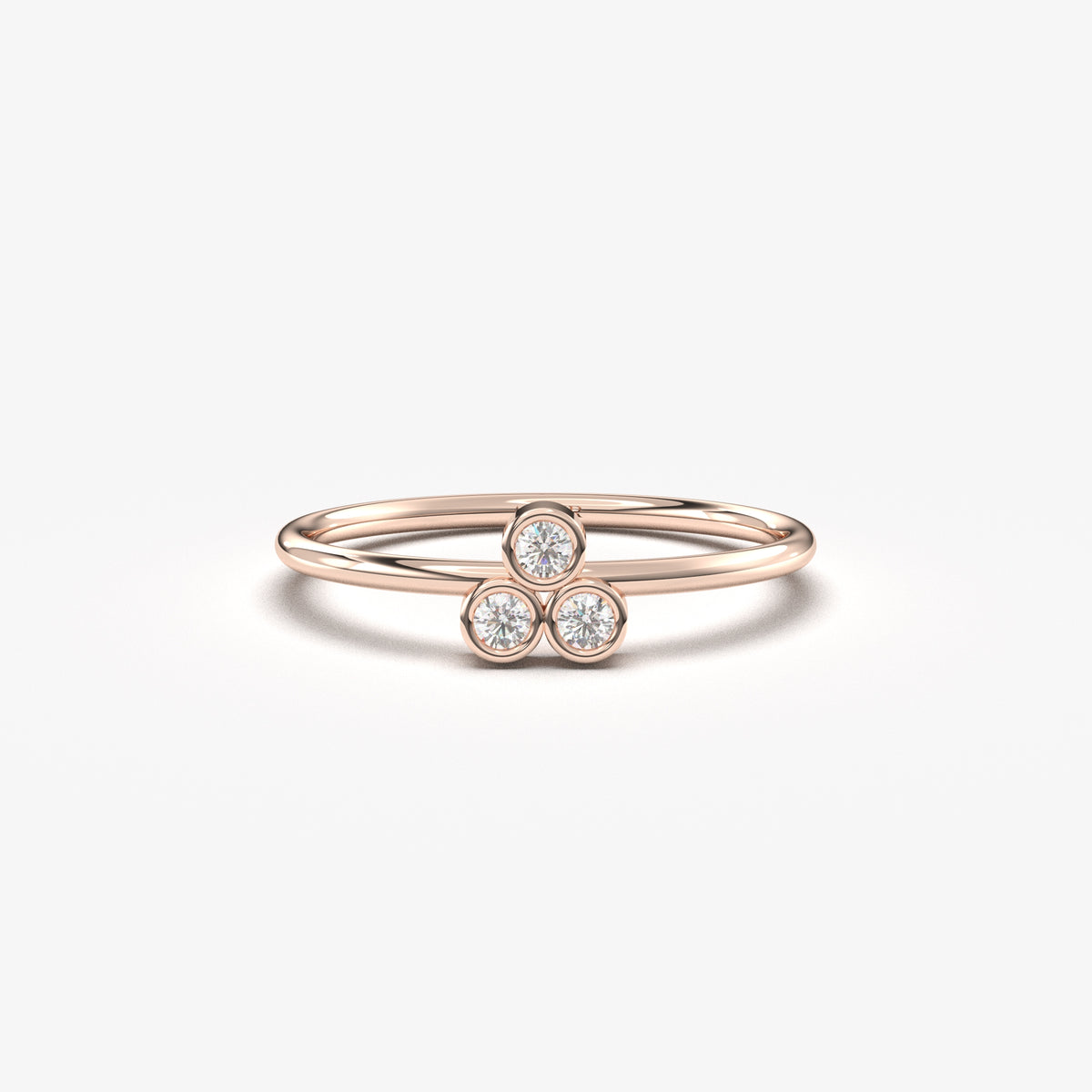 14K rose gold trefoil ring with natural diamonds, front view