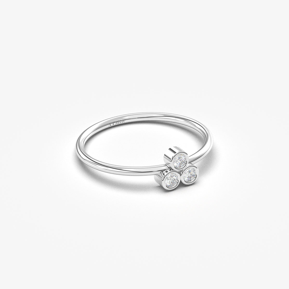 18K white gold trefoil ring with cubic zirconia, angled view