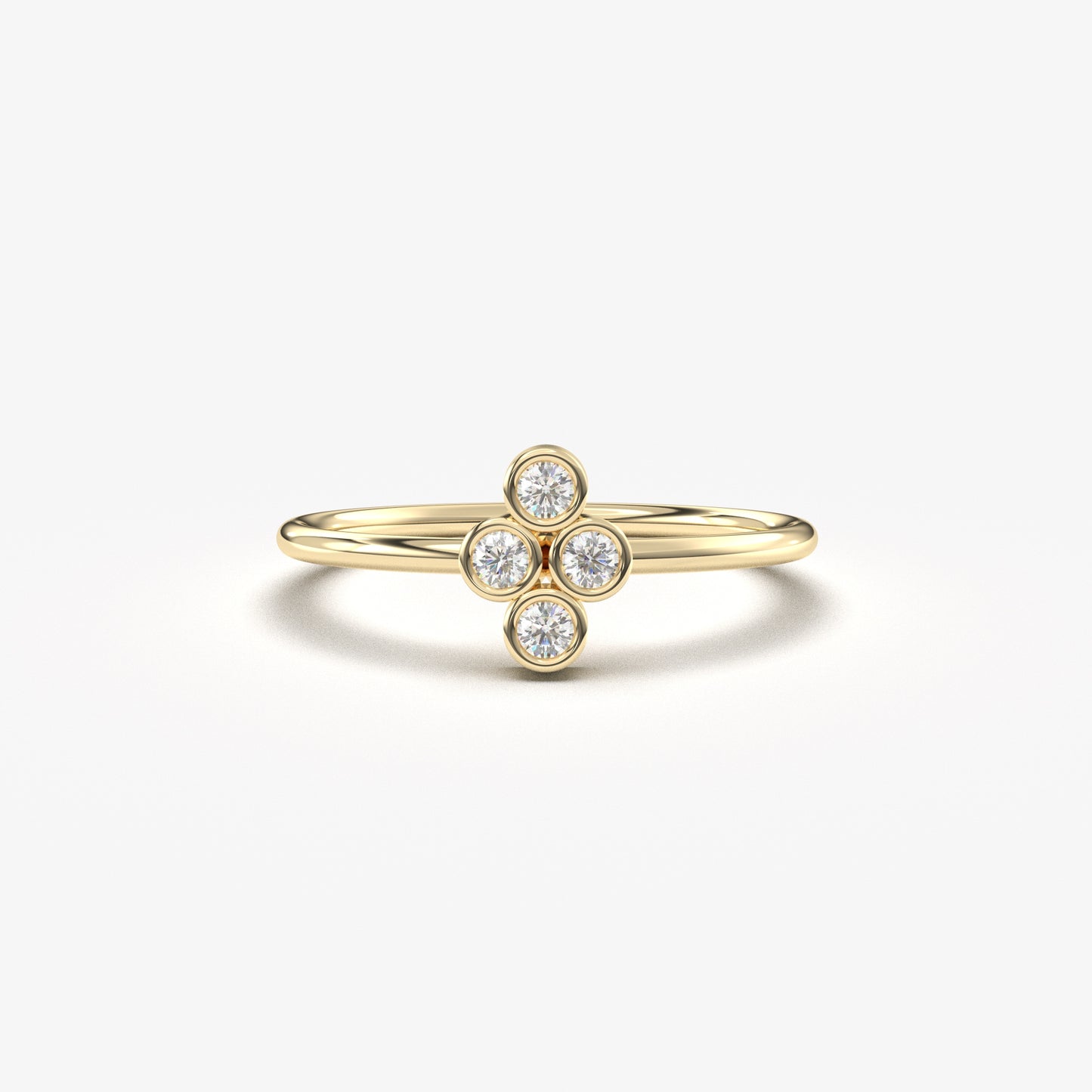 14K yellow gold clover ring with natural diamonds, front view