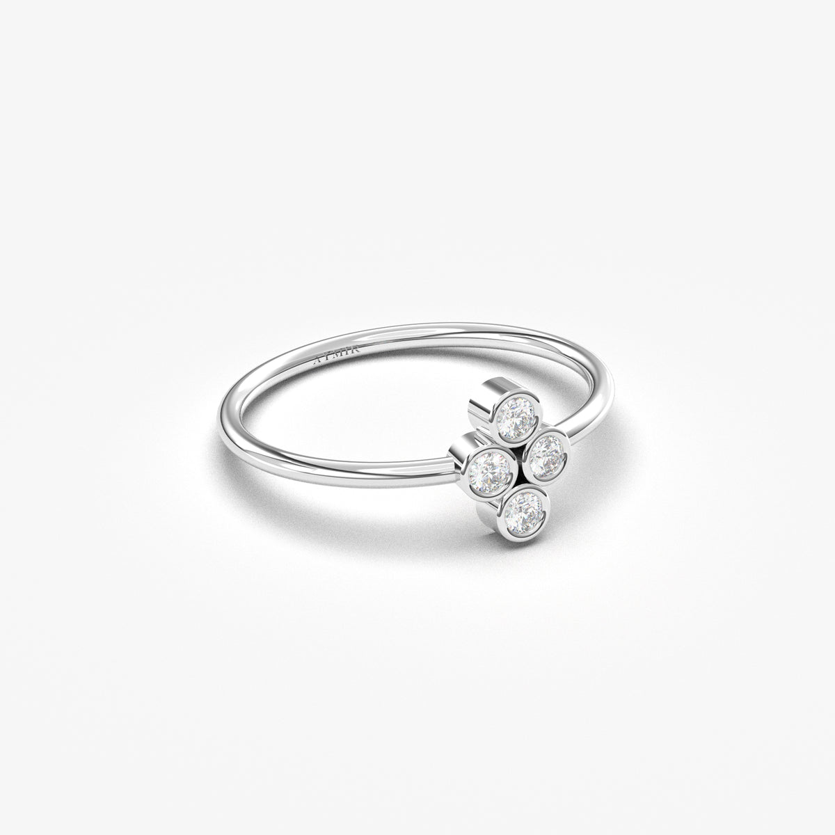 14K white gold clover ring with cubic zirconia, angled view