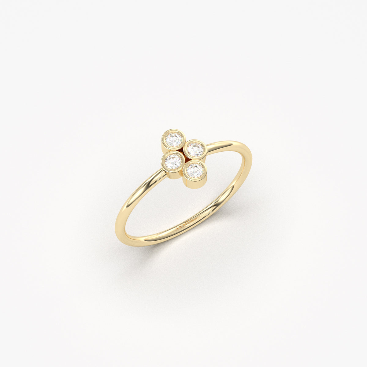 14K yellow gold clover ring with natural diamonds, side view