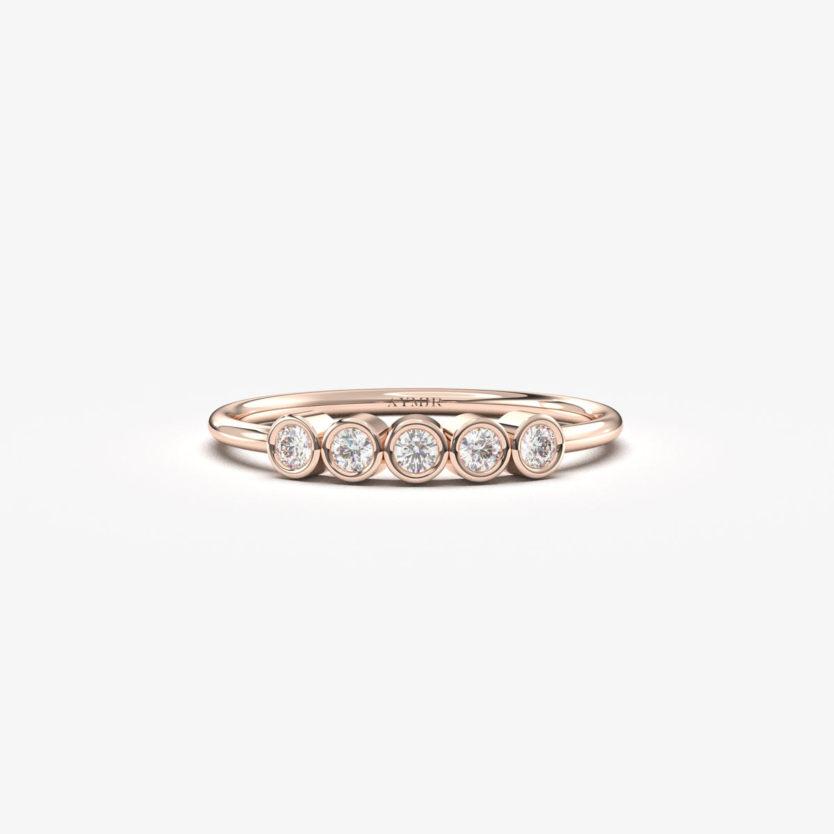 14K rose gold five stone bezel ring with natural diamonds, front view