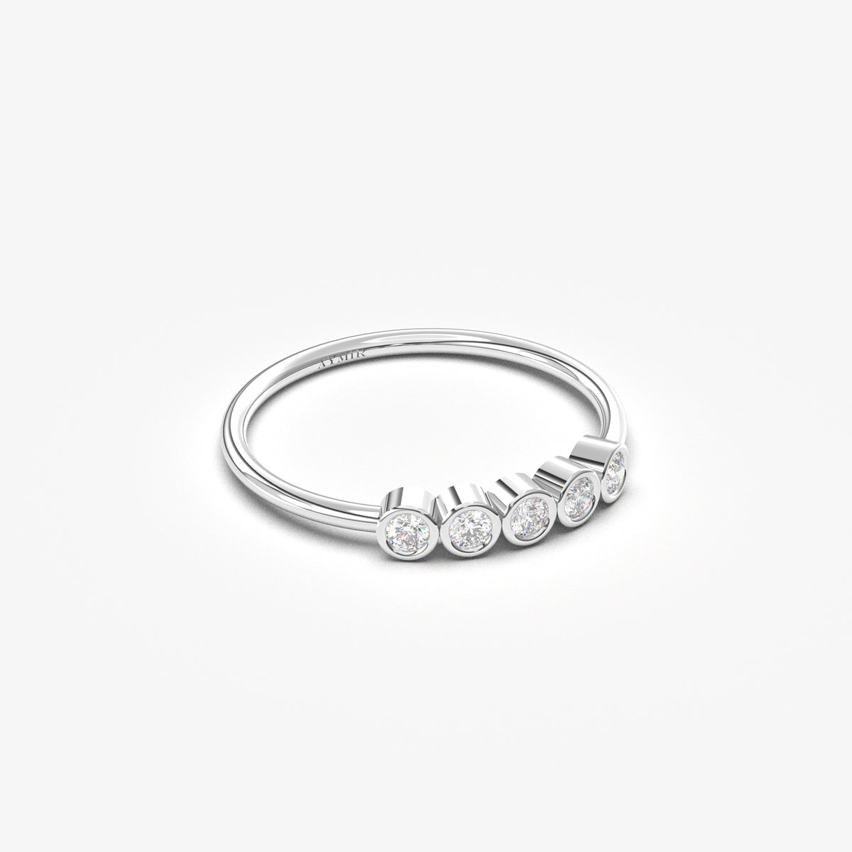 18K white gold five stone bezel ring with natural diamonds, angled view